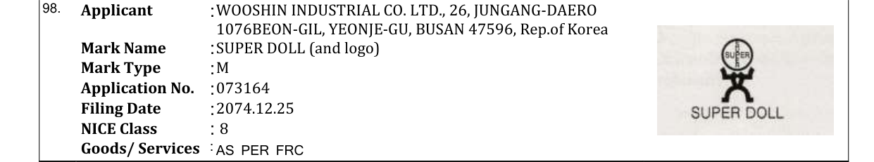 Original bulletin entry for SUPER DOLL (and logo)