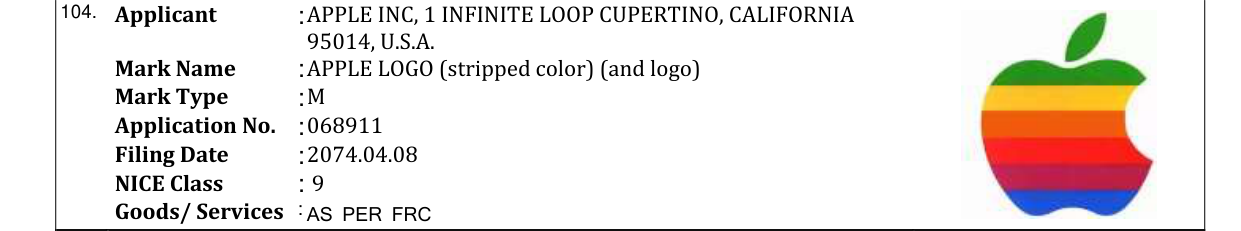 Original bulletin entry for APPLE LOGO (stripped color) (and logo)