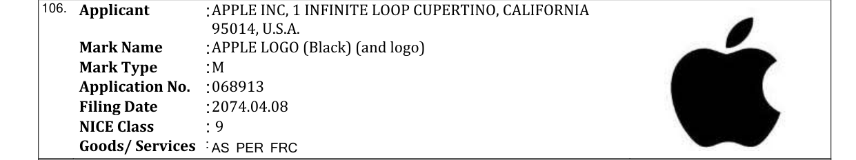 Original bulletin entry for APPLE LOGO (Black) (and logo)