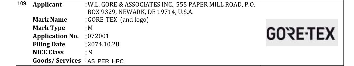 Original bulletin entry for GORE-TEX (and logo)