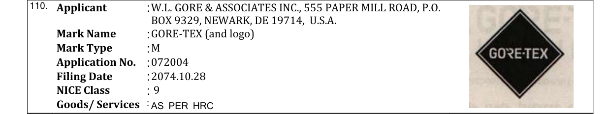 Original bulletin entry for GORE-TEX (and logo)