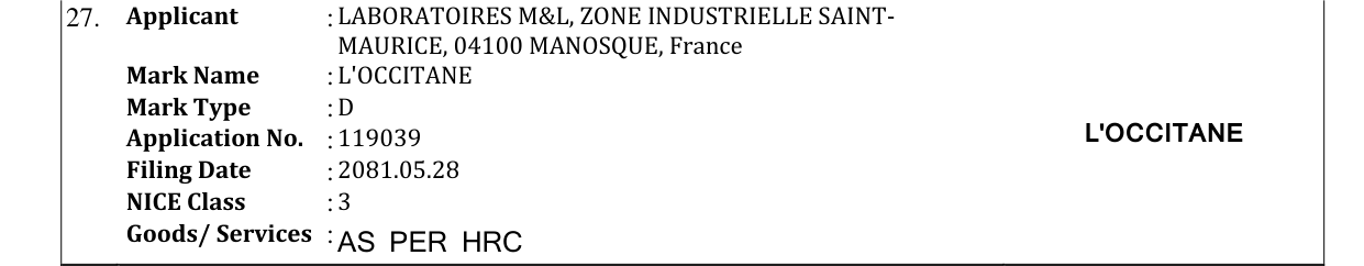 Original bulletin entry for L'OCCITANE