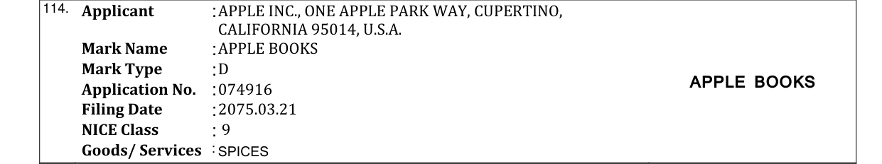 Original bulletin entry for APPLE BOOKS