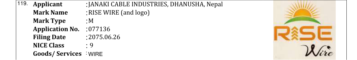 Original bulletin entry for RISE WIRE (and logo)
