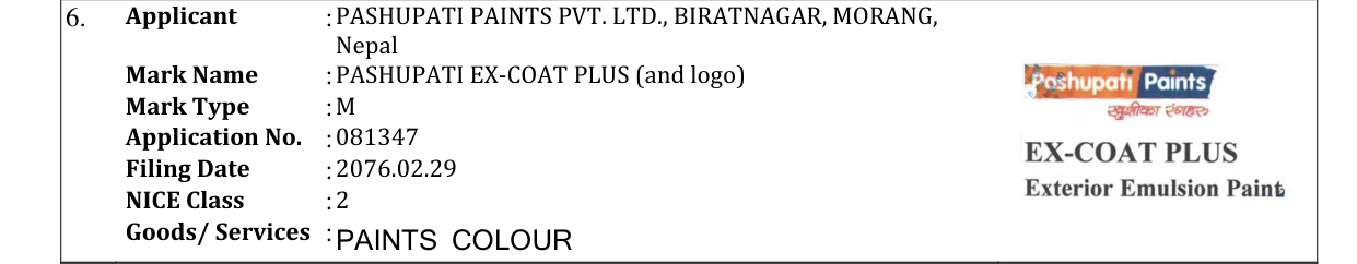 Original bulletin entry for PASHUPATI EX-COAT PLUS (and logo)