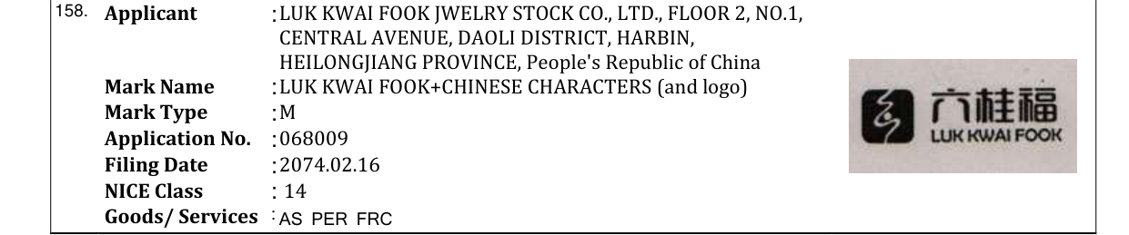 Original bulletin entry for LUK KWAI FOOK+CHINESE CHARACTERS (and logo)