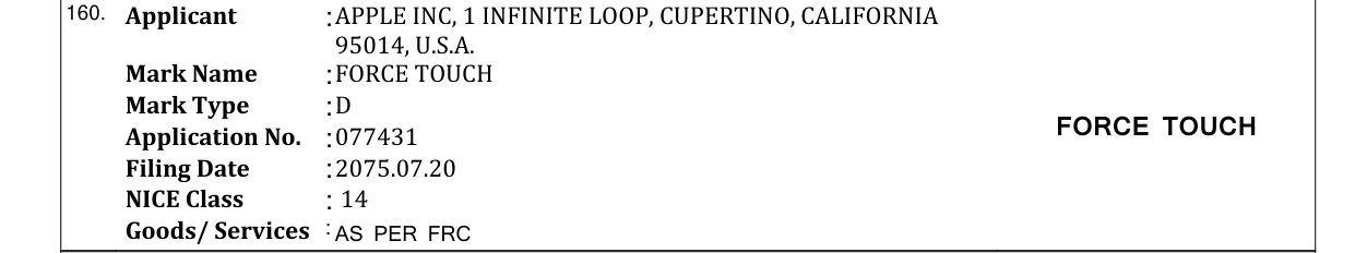 Original bulletin entry for FORCE TOUCH