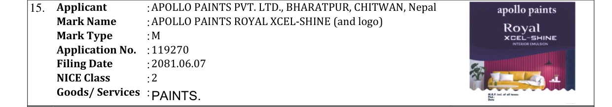 Original bulletin entry for APOLLO PAINTS ROYAL XCEL-SHINE (and logo)