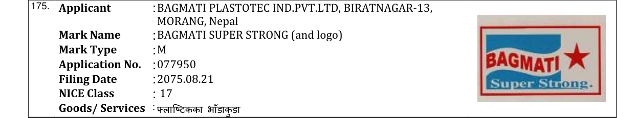 Original bulletin entry for BAGMATI SUPER STRONG (and logo)