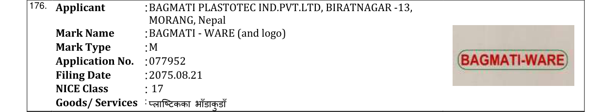 Original bulletin entry for BAGMATI - WARE (and logo)