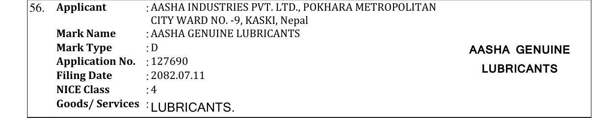 Original bulletin entry for AASHA GENUINE LUBRICANTS