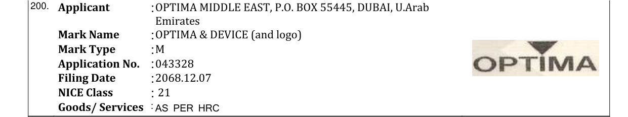 Original bulletin entry for OPTIMA & DEVICE (and logo)