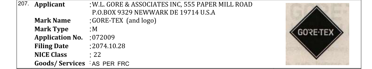 Original bulletin entry for GORE-TEX (and logo)