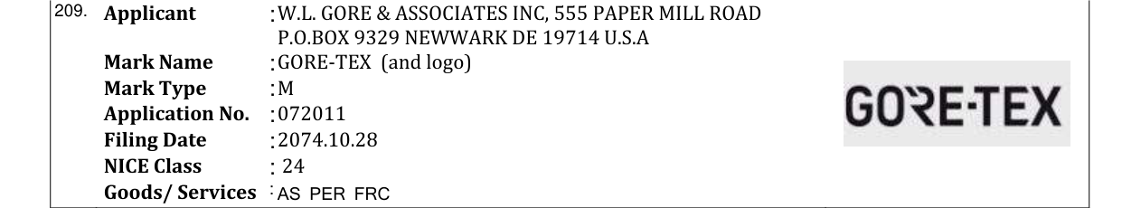 Original bulletin entry for GORE-TEX (and logo)