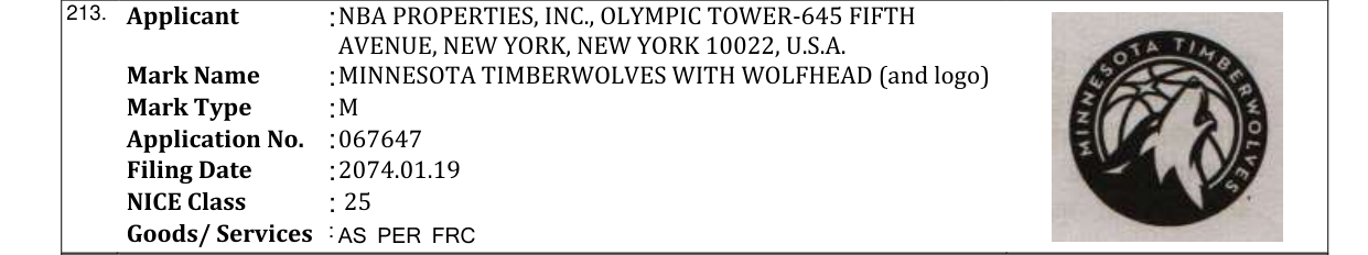 Original bulletin entry for MINNESOTA TIMBERWOLVES WITH WOLFHEAD (and logo)