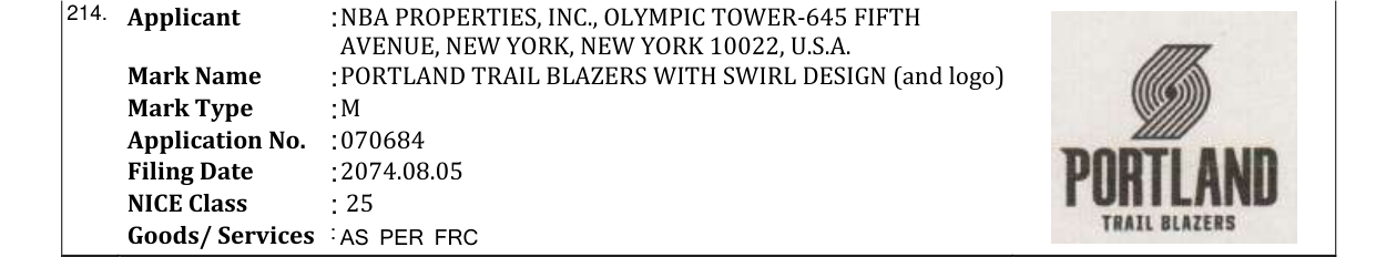 Original bulletin entry for PORTLAND TRAIL BLAZERS WITH SWIRL DESIGN (and logo)