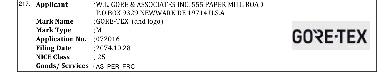 Original bulletin entry for GORE-TEX (and logo)