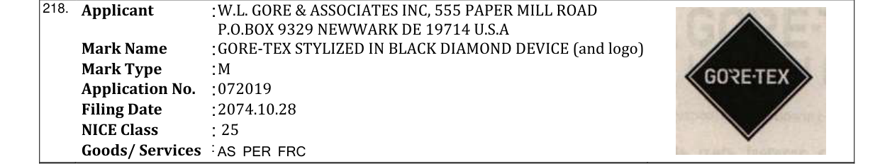 Original bulletin entry for GORE-TEX STYLIZED IN BLACK DIAMOND DEVICE (and logo)