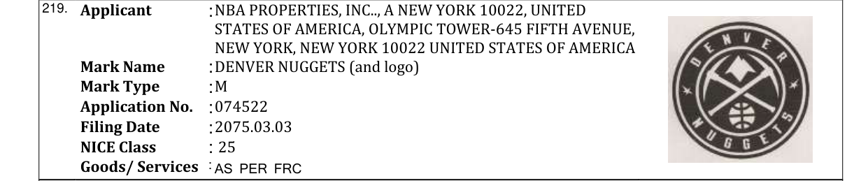 Original bulletin entry for DENVER NUGGETS (and logo)