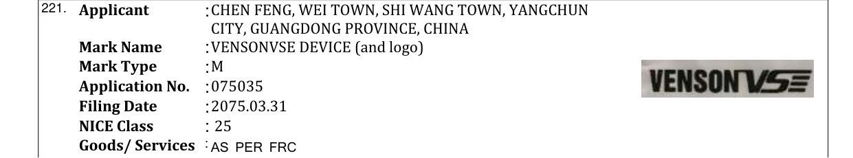 Original bulletin entry for VENSONVSE DEVICE (and logo)