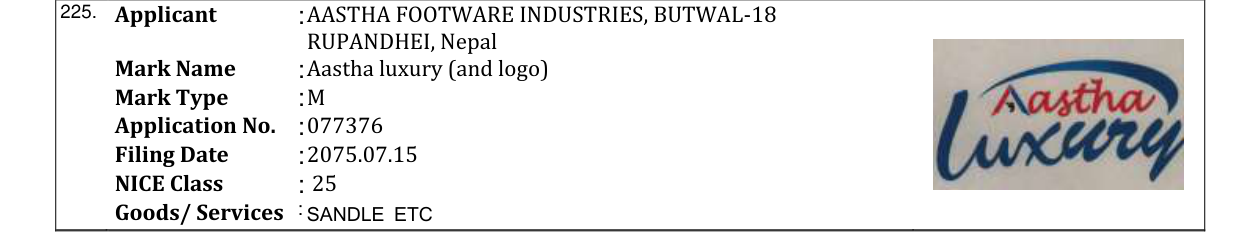 Original bulletin entry for Aastha luxury (and logo)