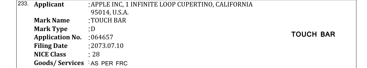 Original bulletin entry for TOUCH BAR