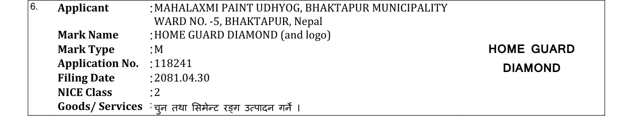 Original bulletin entry for HOME GUARD DIAMOND With Logo