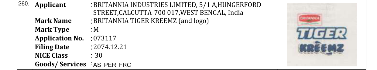 Original bulletin entry for BRITANNIA TIGER KREEMZ (and logo)