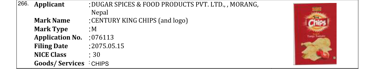 Original bulletin entry for CENTURY KING CHIPS (and logo)