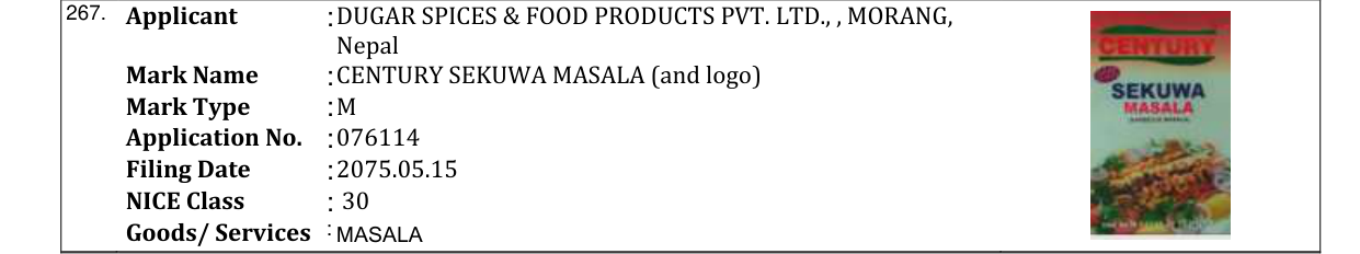 Original bulletin entry for CENTURY SEKUWA MASALA (and logo)