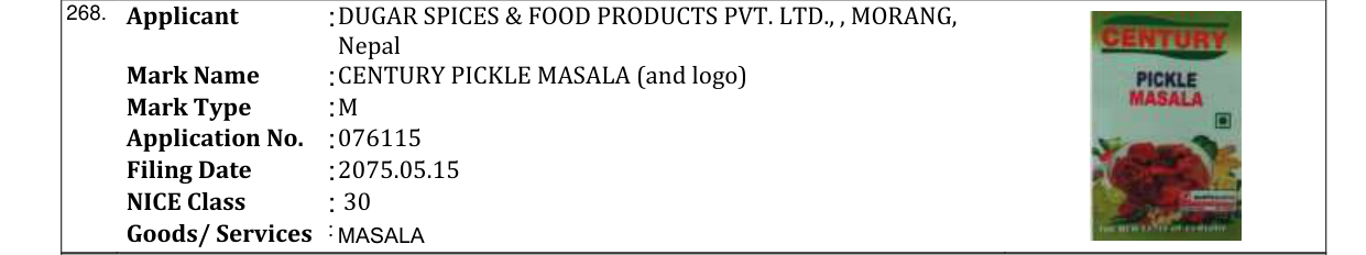 Original bulletin entry for CENTURY PICKLE MASALA (and logo)