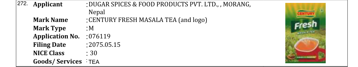Original bulletin entry for CENTURY FRESH MASALA TEA (and logo)