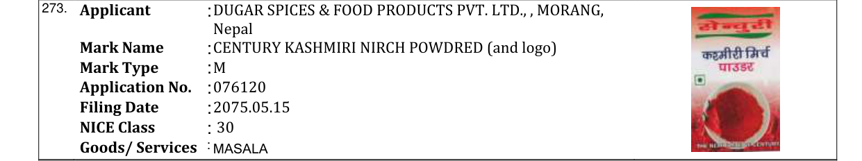 Original bulletin entry for CENTURY KASHMIRI NIRCH POWDRED (and logo)