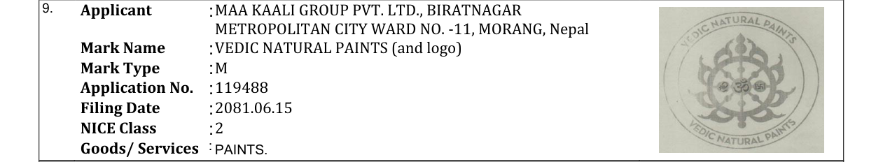 Original bulletin entry for VEDIC NATURAL PAINTS (and logo)