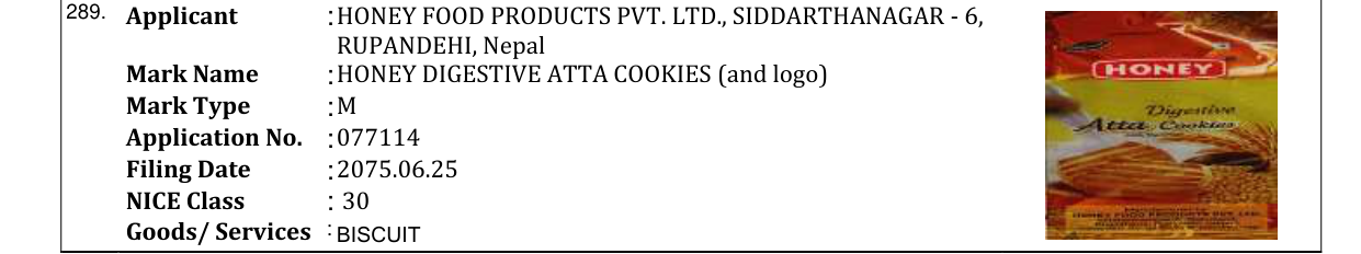 Original bulletin entry for HONEY DIGESTIVE ATTA COOKIES (and logo)