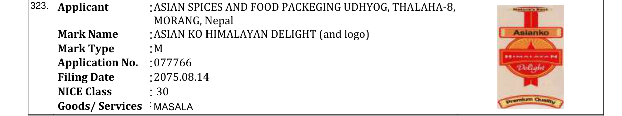 Original bulletin entry for ASIAN KO HIMALAYAN DELIGHT (and logo)