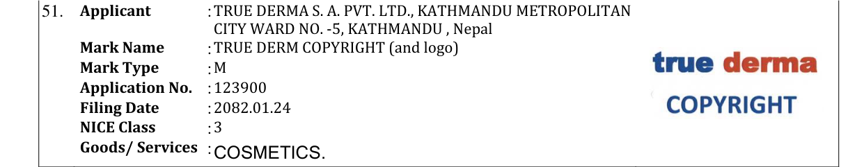 Original bulletin entry for TRUE DERM COPYRIGHT (and logo)