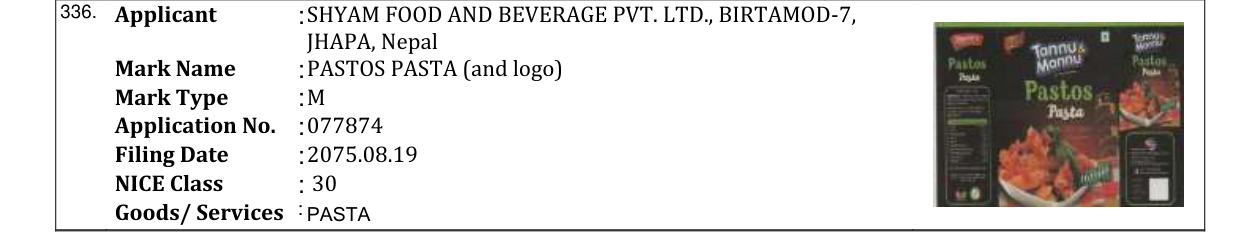 Original bulletin entry for PASTOS PASTA (and logo)
