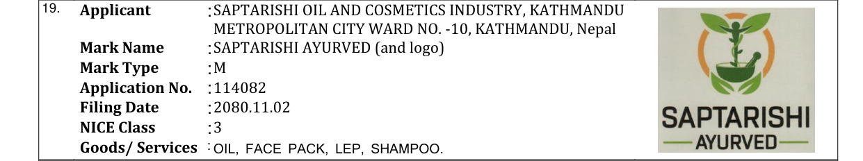Original bulletin entry for SAPTARISHI AYURVED (and logo)