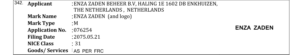 Original bulletin entry for ENZA ZADEN (and logo)