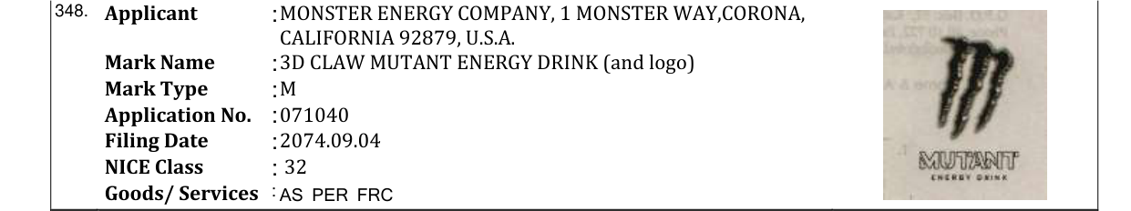 Original bulletin entry for 3D CLAW MUTANT ENERGY DRINK (and logo)