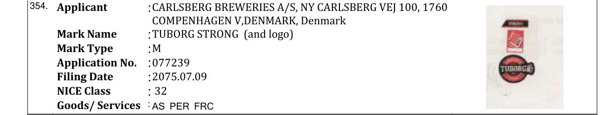 Original bulletin entry for TUBORG STRONG (and logo)