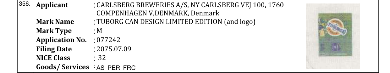 Original bulletin entry for TUBORG CAN DESIGN LIMITED EDITION (and logo)