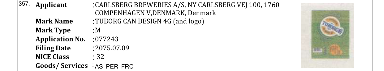 Original bulletin entry for TUBORG CAN DESIGN 4G (and logo)