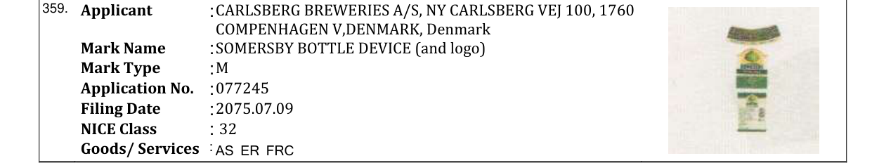 Original bulletin entry for SOMERSBY BOTTLE DEVICE (and logo)