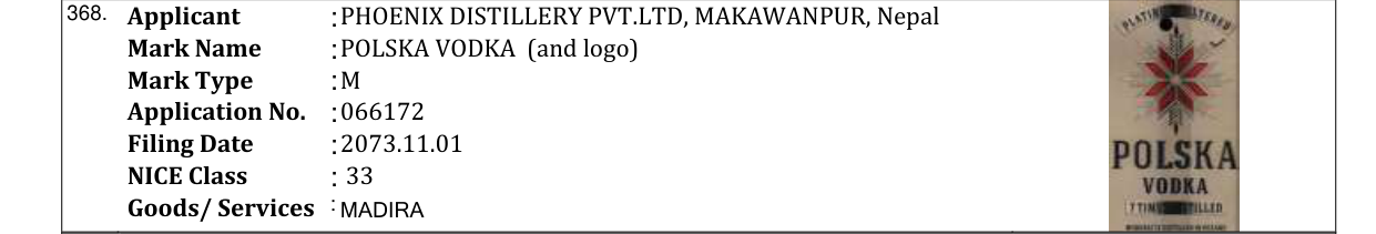 Original bulletin entry for POLSKA VODKA (and logo)