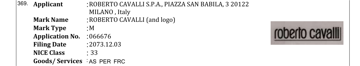 Original bulletin entry for ROBERTO CAVALLI (and logo)