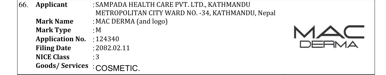 Original bulletin entry for MAC DERMA (and logo)