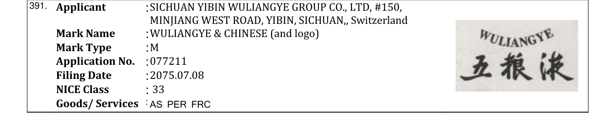 Original bulletin entry for WULIANGYE & CHINESE (and logo)