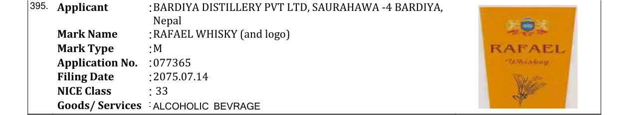 Original bulletin entry for RAFAEL WHISKY (and logo)